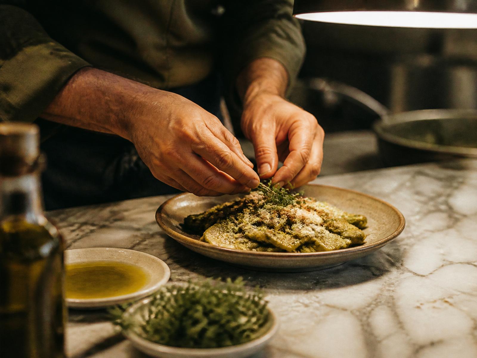Chef plating a rustic dish